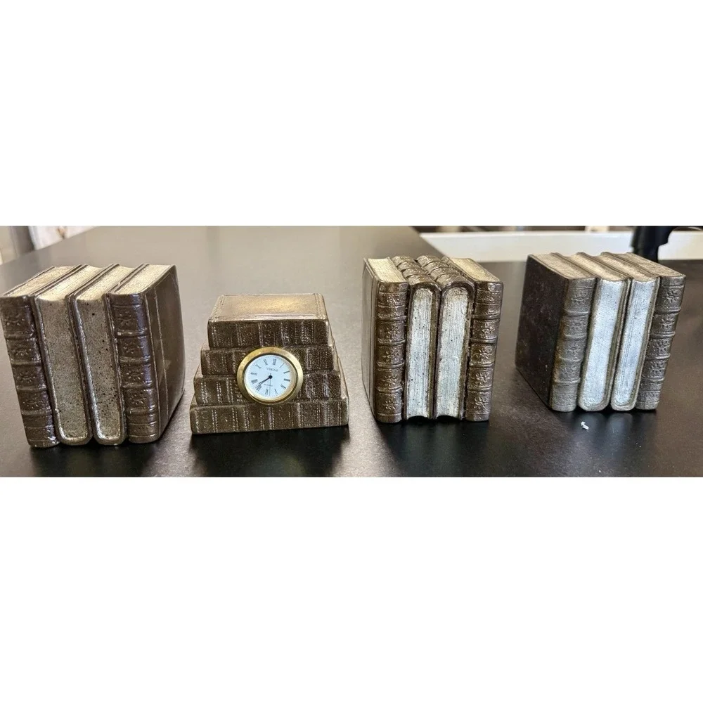 Vintage Stacked Books Desk Clock Resin Bronze Finish Untested